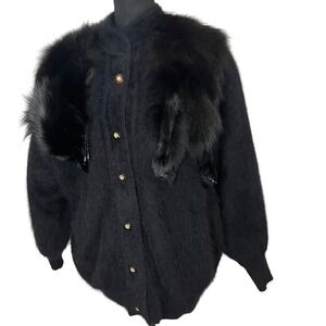 Nina Austin Blk Angora Fox Fur Trimmed Button Front Cardigan Sweater S